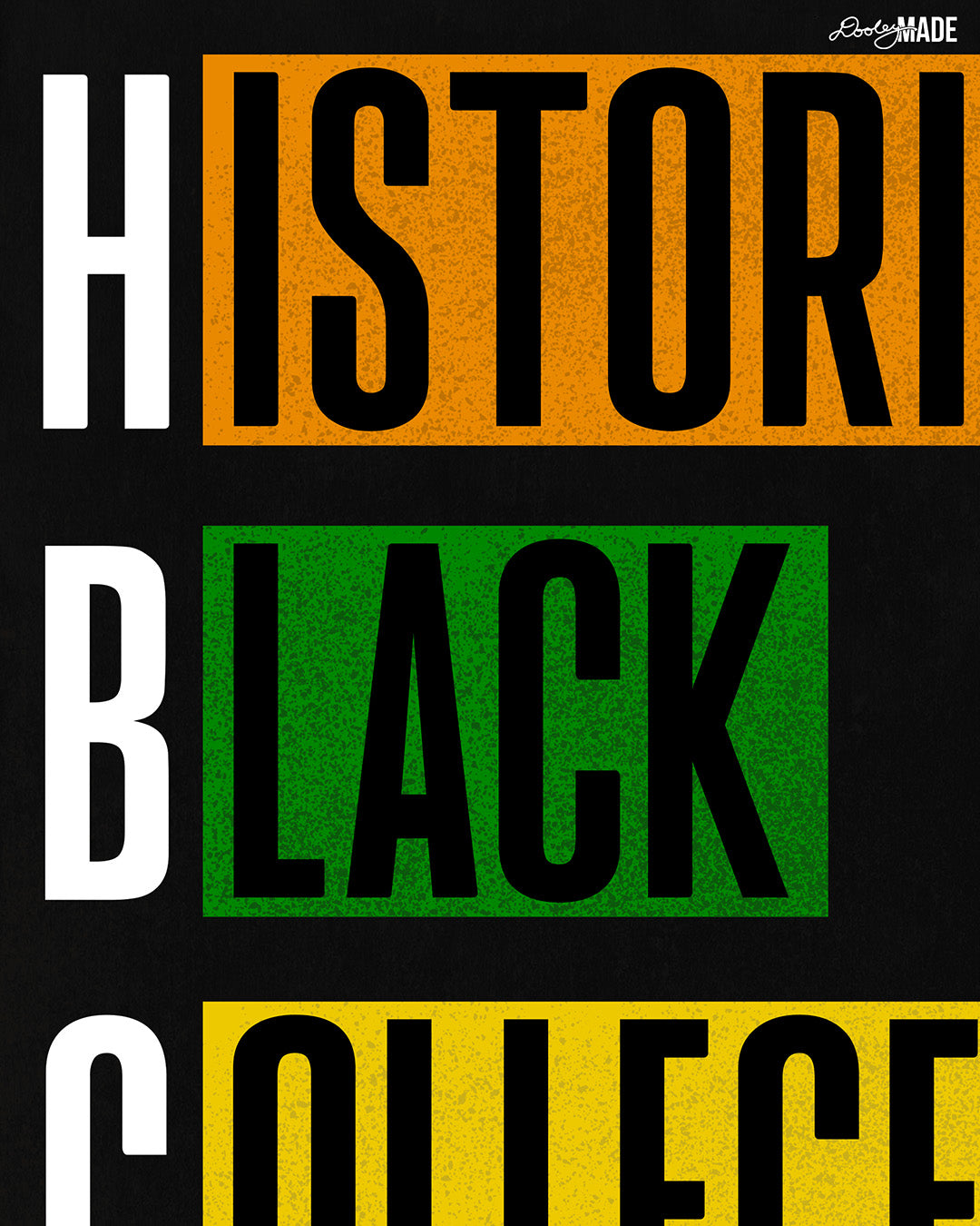 An image showing the detail of Black crewneck sweatshirt featuring bold block text reading "Historically Black Colleges & Universities" in red, yellow, green, and orange—HBCU pride apparel.