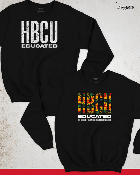 An image of a 2  black HBCU Educated (Historically Black Colleges & Universities) crewneck sweatshirts one with white textured print and one with yellow, red, black, and green print. Perfect for students and alumni.