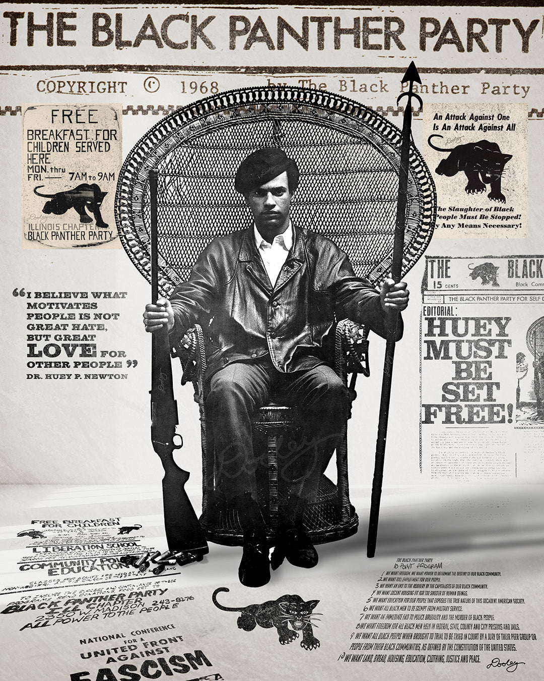 An image Huey P. Newton artwork featuring the Black Panther Party's 10 Point Program, a poster that hung inside the door of the Chicago Chapter headquarters, the quote "I believe what motivates people is not great hate, but great love for other people," and other historical memorabilia.