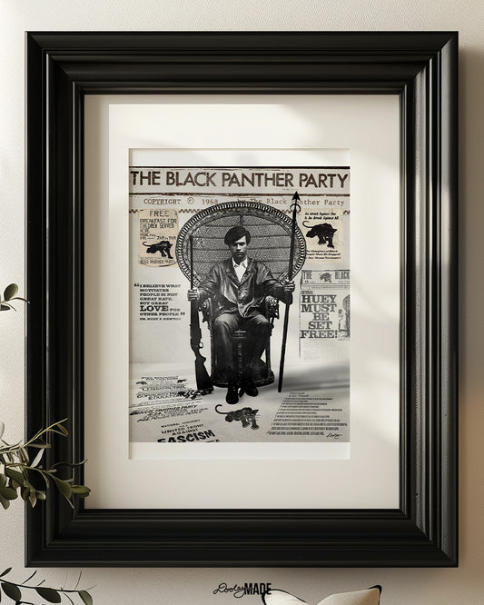An image of framed Huey P. Newton artwork featuring the Black Panther Party's 10 Point Program, a poster that hung inside the door of the Chicago Chapter headquarters, the quote "I believe what motivates people is not great hate, but great love for other people," and other historical memorabilia.