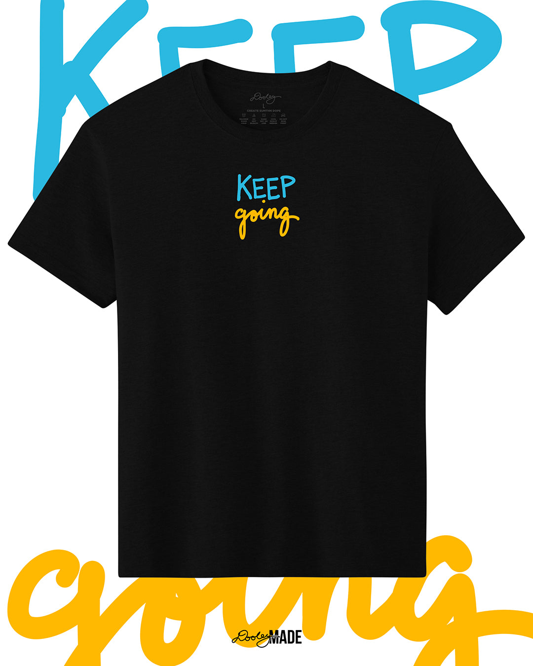 Heavyweight Black t-shirt with 'KEEP going' text in blue and yellow on a white background with the same 'KEEP going' text.