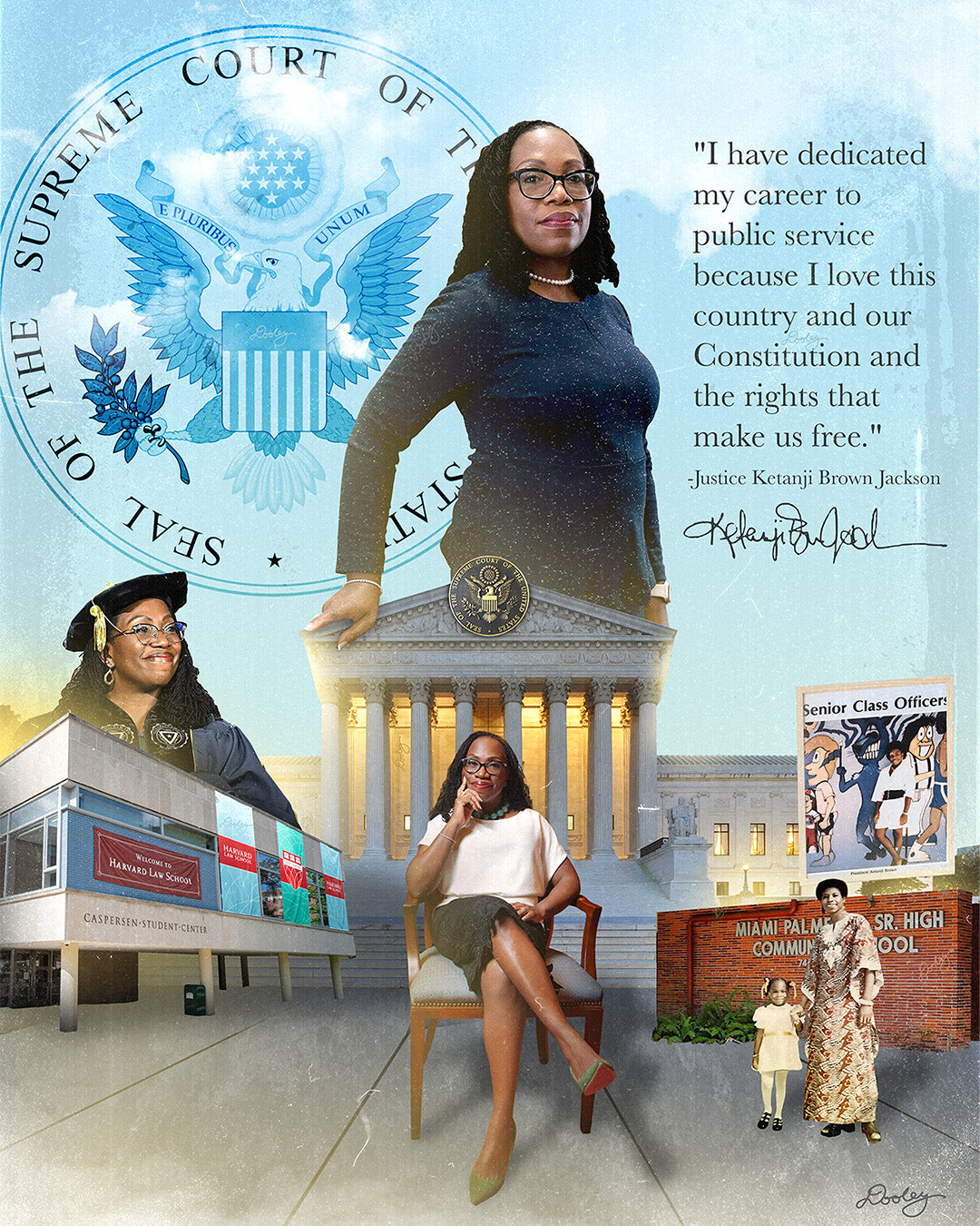 This digital collage honors Justice Ketanji Brown Jackson, showcasing key moments from her life and career. The central figure is a confident Justice Jackson standing in front of the Supreme Court seal. To the left, she is depicted at her Harvard Law School graduation, with the school's building in the background. Below, she is seated thoughtfully in front of the Supreme Court. Another section features a younger version of her as a student at Miami Palmetto Senior High School.