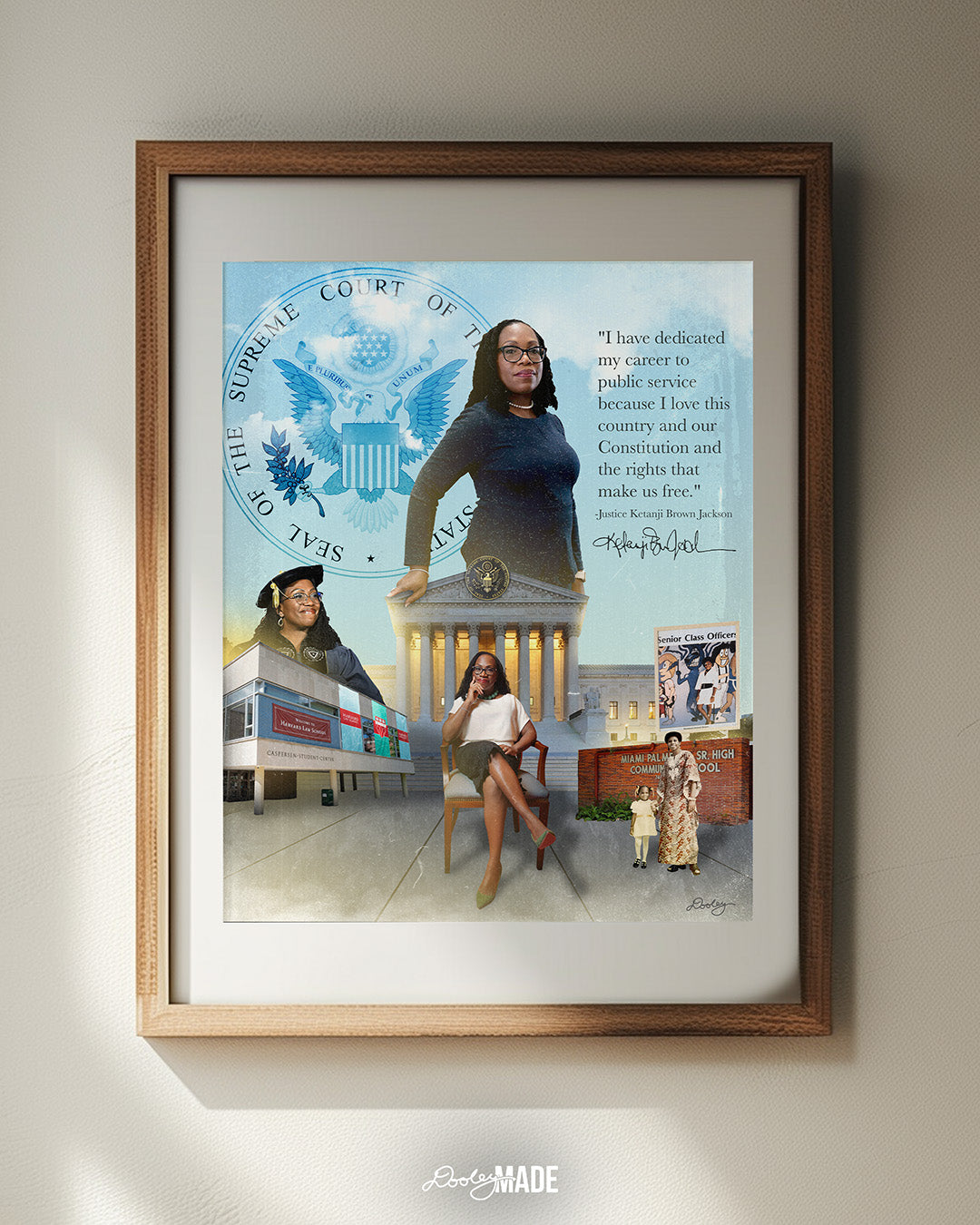 An image of a wooden picture frame on a white wall next to a window thats casting light upon a digital collage honoring Justice Ketanji Brown Jackson. It showcases key moments from her life and career. The central figure is a confident Justice Jackson standing in front of the Supreme Court seal. To the left, she is depicted at her Harvard Law School graduation, with the school's building in the background.