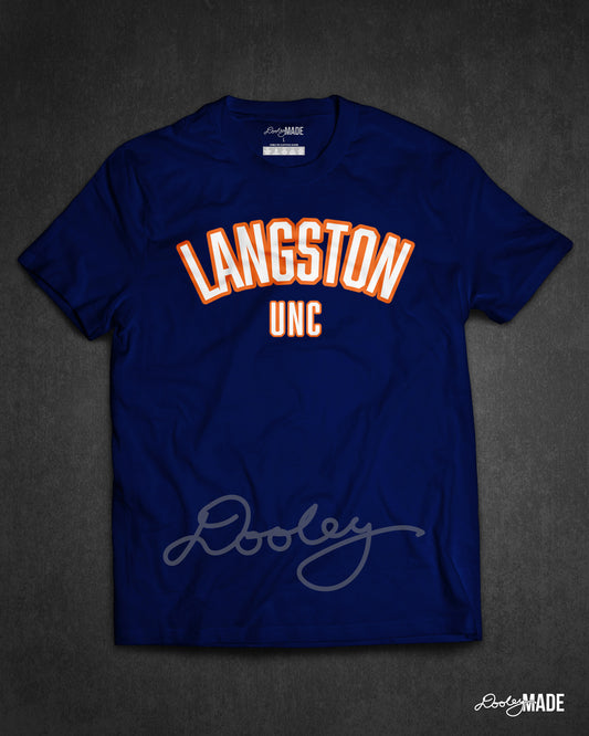 A navy blue "Langston Unc" shirt with arched wording in white and orange.