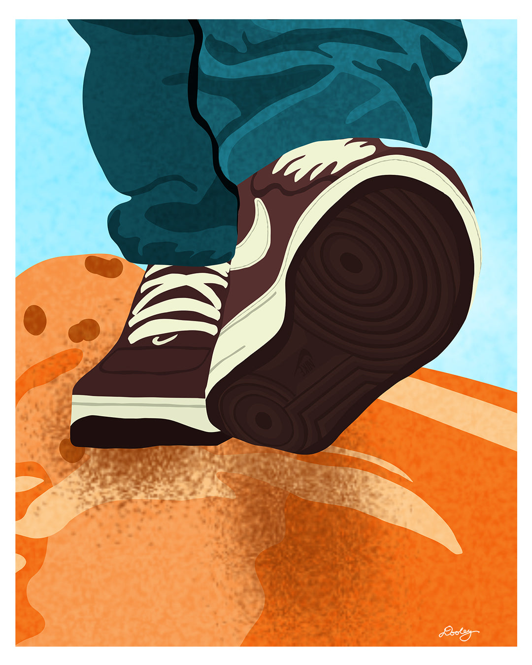 A zoomed in Larry June themed illustration showcasing details of brown Air Force Ones found a shirt, crewneck sweater, artwork print, and mounted canvas.