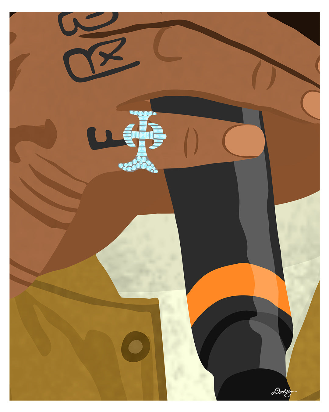 A a zoomed in Larry June themed illustration showcasing details of a pink ring with diamonds and a his hand holding a microphone, found a shirt, crewneck sweater, artwork print, and mounted canvas.