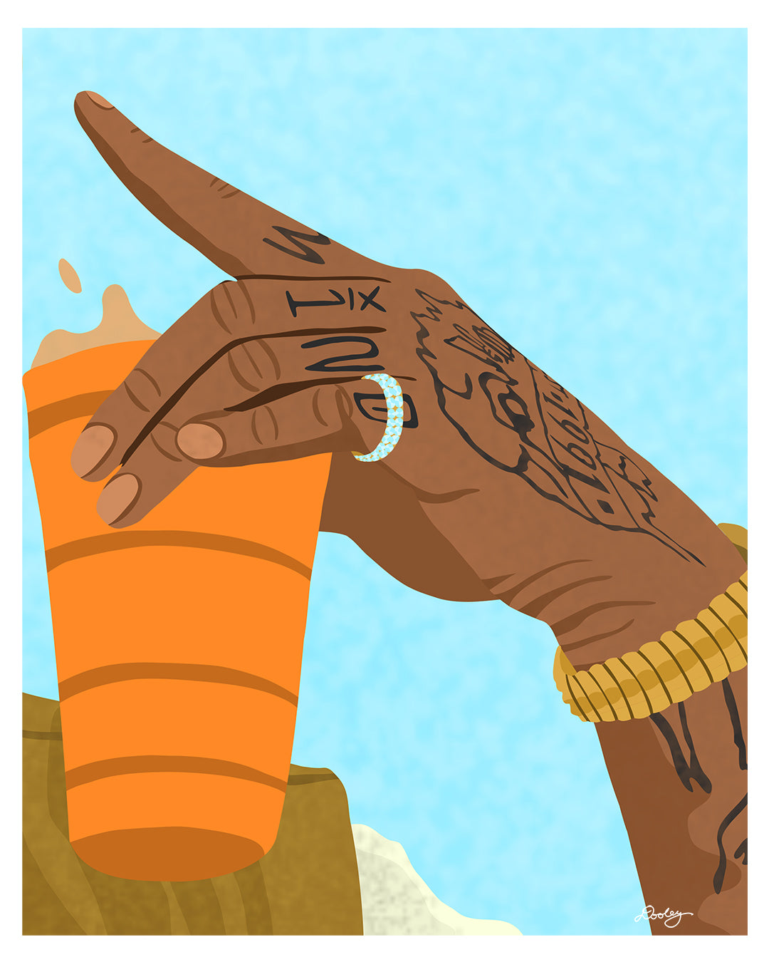 A a zoomed in Larry June themed illustration showcasing details of his hand holding an orange cup, found a shirt, crewneck sweater, artwork print, and mounted canvas.