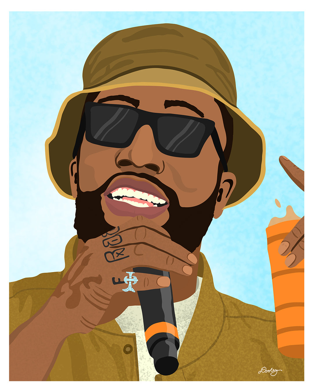 A a zoomed in Larry June themed illustration showcasing details found a shirt, crewneck sweater, artwork print, and mounted canvas.