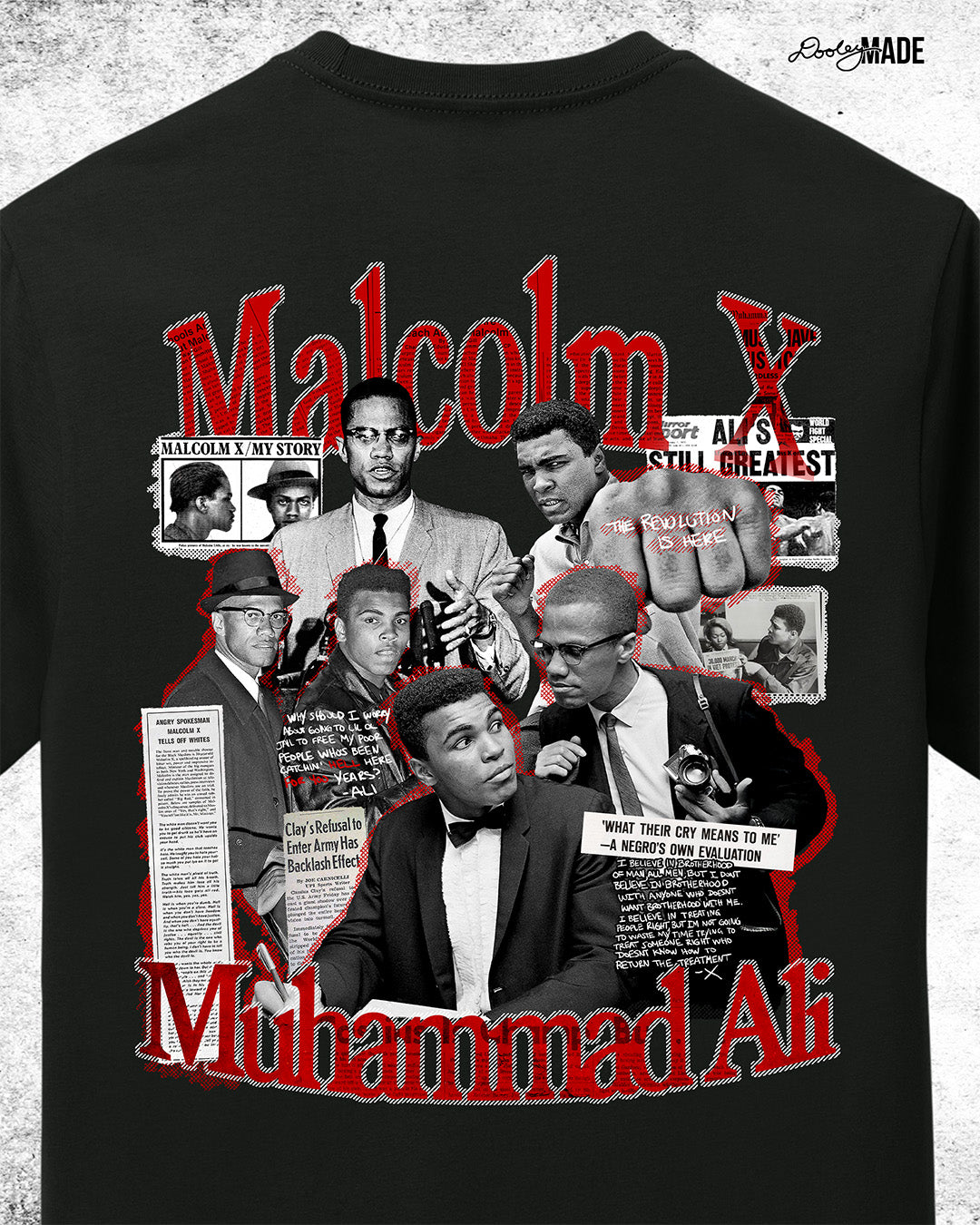 The back of a Black t-shirt featuring a collage of Malcolm X and Muhammad Ali with newspaper headlines and photos, with Malcolm X & Ali in bold red and white text. On a white background. Zoomed to show detail.