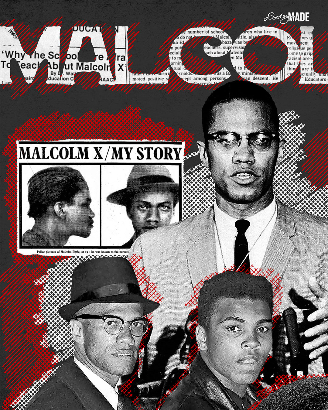 The front of a Black t-shirt featuring a collage of Malcolm X and Muhammad Ali with newspaper headlines and photos, titled 'Malcolm X & Ali: Blood Brothers' in bold red and white text.