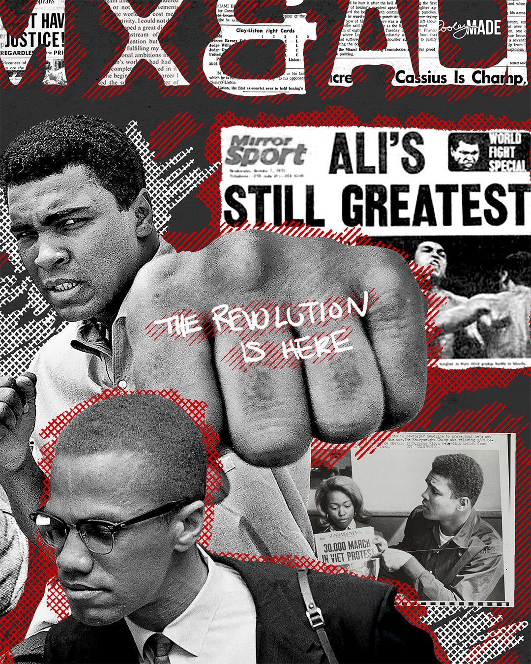 The front of a Black t-shirt featuring a collage of Malcolm X and Muhammad Ali with newspaper headlines and photos, titled 'Malcolm X & Ali: Blood Brothers' in bold red and white text. Photo shows Ali throwing a punch with the words "The Revolution is Here" written on his fist.