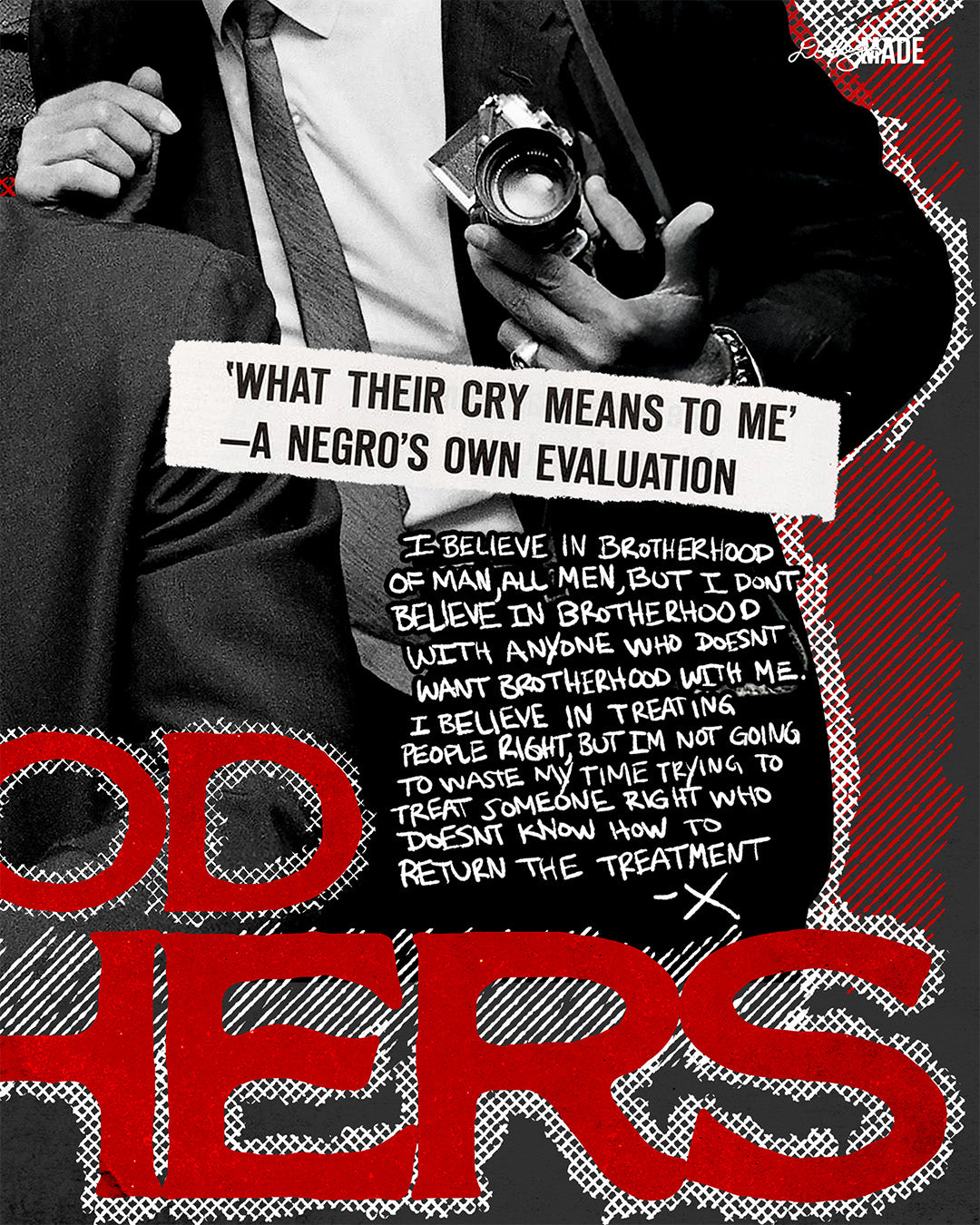 The front of a Black t-shirt featuring a collage of Malcolm X and Muhammad Ali with newspaper headlines and photos, titled 'Malcolm X & Ali: Blood Brothers' in bold red and white text. Photo shows a Malcolm X quote about brotherhood.