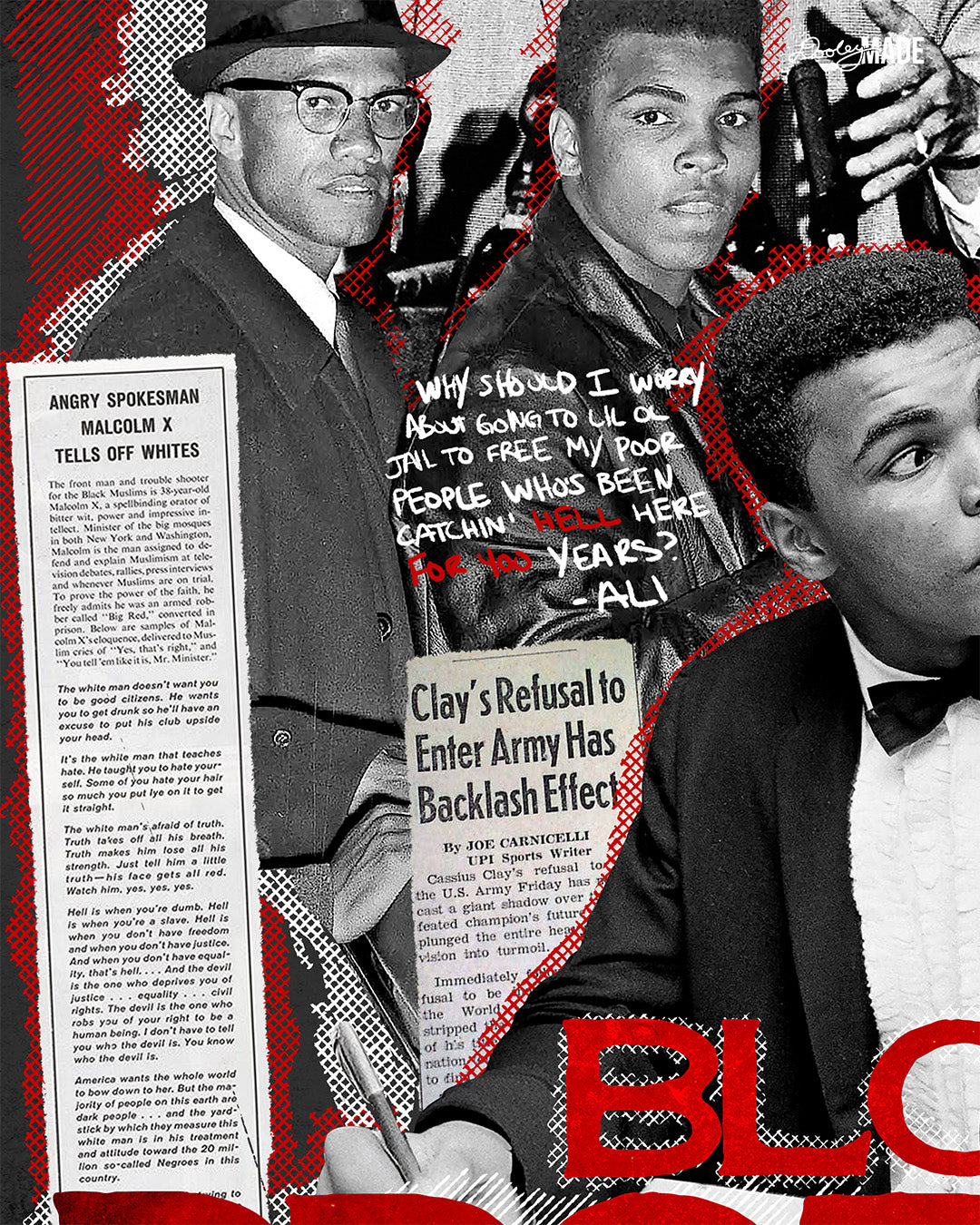 The front of a Black t-shirt featuring a collage of Malcolm X and Muhammad Ali with newspaper headlines and photos, titled 'Malcolm X & Ali: Blood Brothers' in bold red and white text. Photo shows a Malcolm X quote about brotherhood. Quote shows an Ali Quote about choosing not to go to Vietnam.