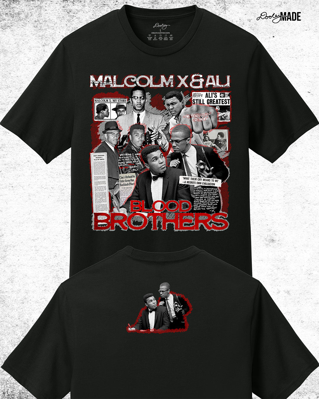 The front and back of a Black t-shirt featuring a collage of Malcolm X and Muhammad Ali with newspaper headlines and photos, titled 'Malcolm X & Ali: Blood Brothers' in bold red and white text.