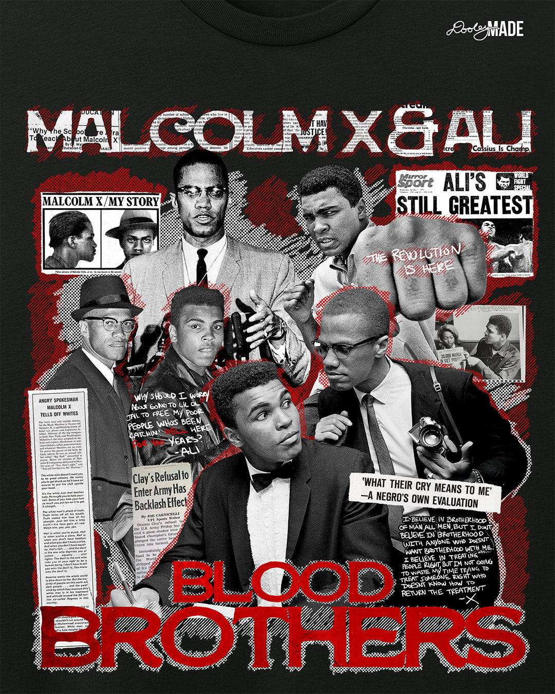 The front of a Black t-shirt, zoomed to show detail, featuring a collage of Malcolm X and Muhammad Ali with newspaper headlines and photos, titled 'Malcolm X & Ali: Blood Brothers' in bold red and white text.