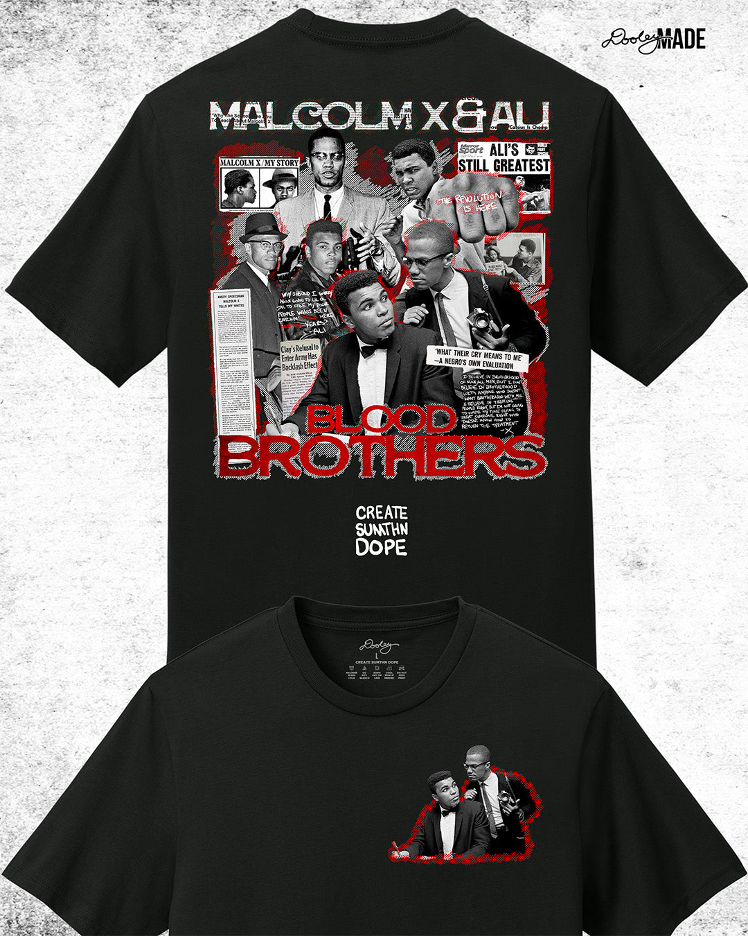 The front and back of a Black t-shirt featuring a collage of Malcolm X and Muhammad Ali with newspaper headlines and photos, titled 'Malcolm X & Ali: Blood Brothers' in bold red and white text.