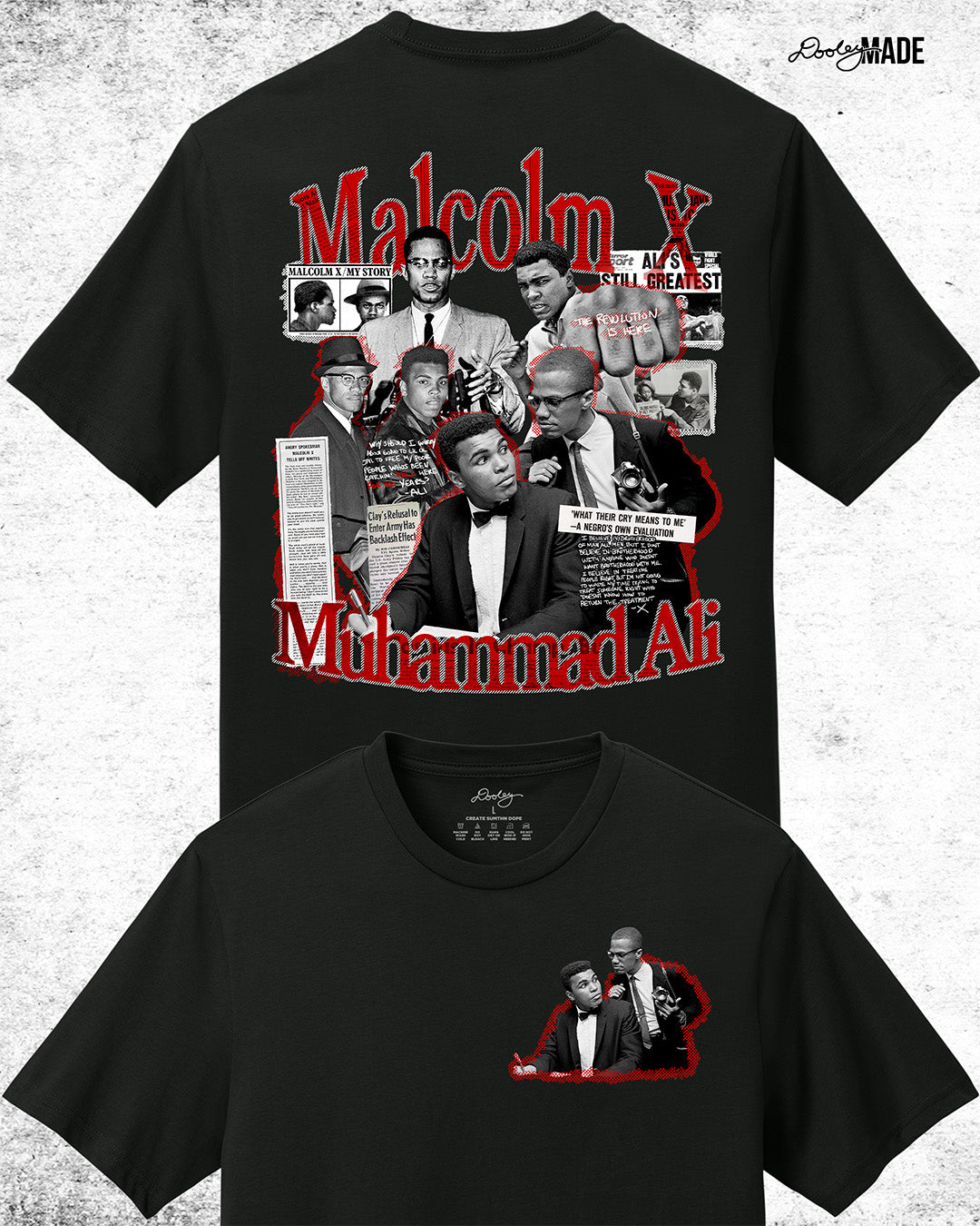 The front and back of a Black t-shirt featuring a collage of Malcolm X and Muhammad Ali on the back with newspaper headlines and photos, titled 'Malcolm X Muhammad Ali in bold red and white text.
