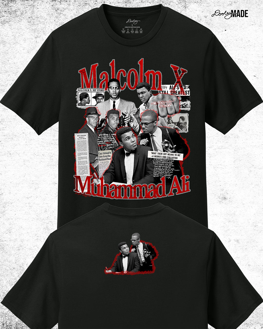 The front and back of a Black t-shirt featuring a collage of Malcolm X and Muhammad Ali with newspaper headlines and photos, titled 'Malcolm X Muhammad Ali in bold red and white text.