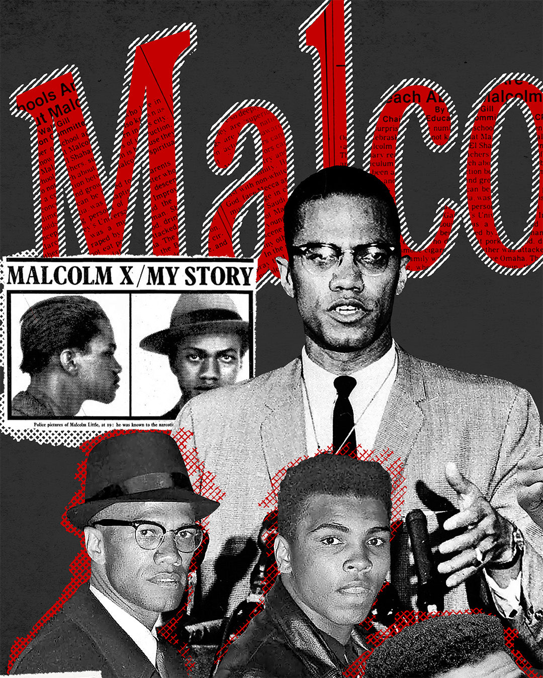 Image showing the detail of a Malcolm X and Muhammad Ali shirt with collage of newspaper headlines and photos. Image shows Malcolm X speaking, with a mugshot photo behind him.