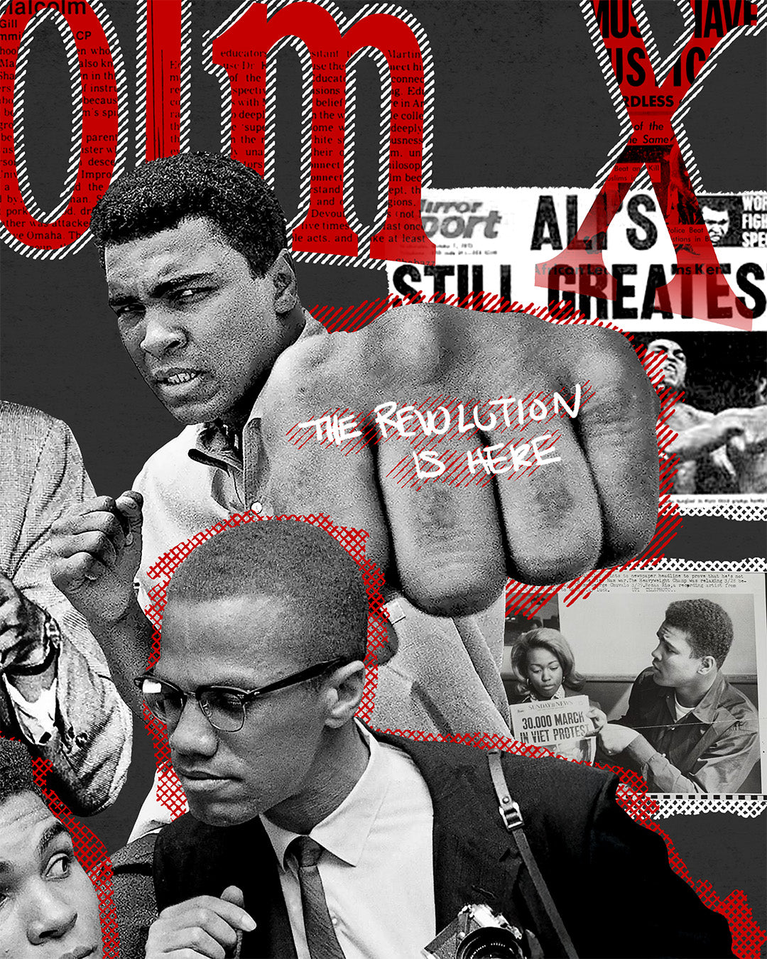 Image showing the detail of a Malcolm X and Muhammad Ali shirt with collage of newspaper headlines and photos. Shows Muhammad Ali throwing a punch with the text "the revolution is here" written on his fist. New paper clippings surround the photos.