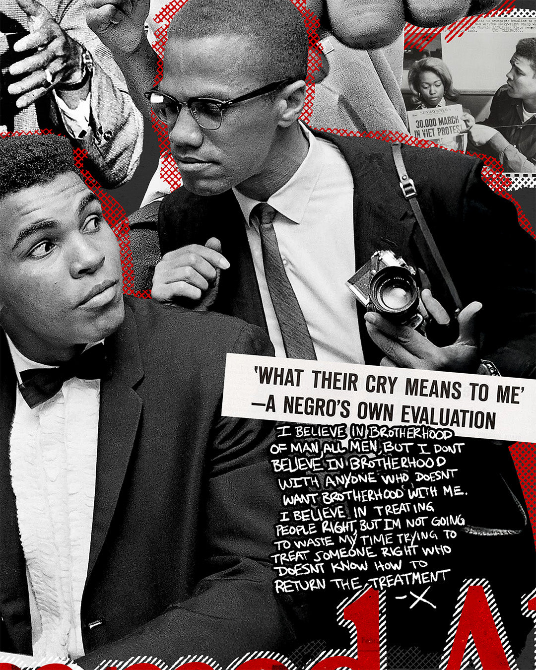 Image showing the detail of a Malcolm X and Muhammad Ali shirt with collage of newspaper headlines and photos. Image shows Malcolm X leaning on Muhammad Ali's shoulder. Shows the words headline "what their cry means to me-a Negro's own evaluation" and a Malcolm X quote under it.