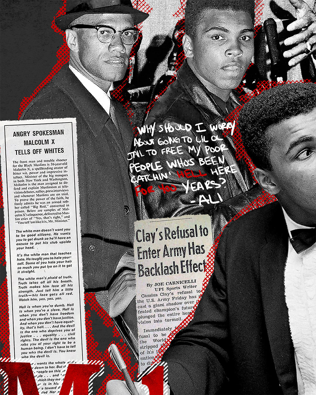 Image showing the detail of a Malcolm X and Muhammad Ali shirt with collage of newspaper headlines and photos. Shows a picture of Malcolm and Muhammad looking at the camera surprised, with newspaper clippings and a quote from Ali.
