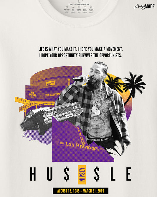 Vintage white Nipsey Hussle graphic t-shirt featuring “Sunsets on Slauson” artwork in LA purple and gold, depicting The Marathon Store on Slauson, a Chevy with NIPSEY plates, the Los Angeles Theatre marquee, a sunset, and palm trees—perfect hip-hop streetwear and Los Angeles apparel