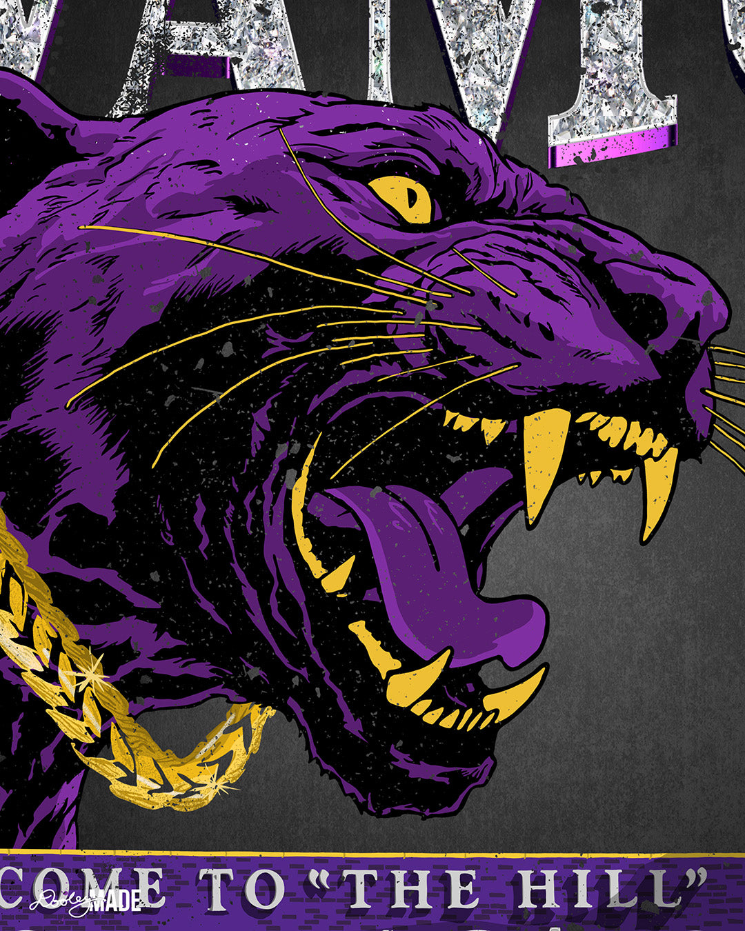 A portion of a "Welcome to the Hill" Prairie View A&M shirt featuring a purple roaring panther with gold accents.
