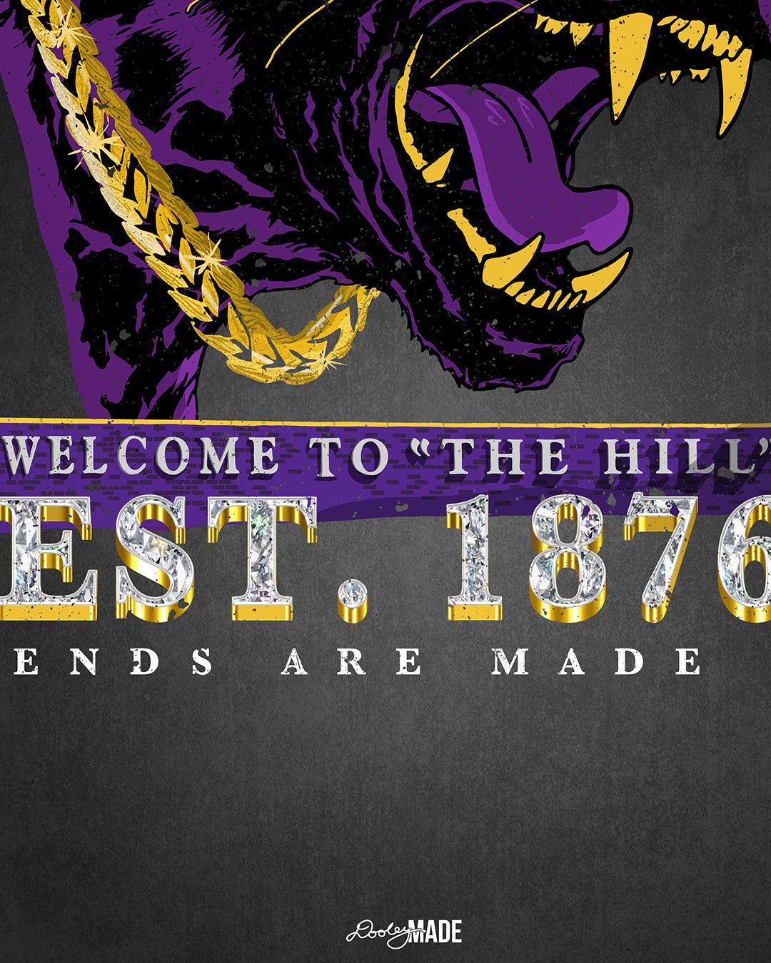 A portion of a "Welcome to the Hill" Prairie View A&M shirt featuring "Welcome to "The Hill," "Est. 1876," and "Legends Are Made Here" text.