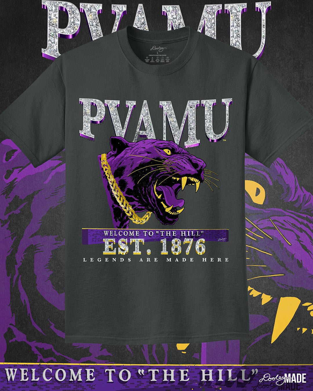 A 5.5-ounce, Coal colored 100% Pigment-Dyed Ring Spun Cotton k t-shirt with PVAMU text in diamonds featuring a purple panther, "Welcome to "The Hill," "Est. 1876," and "Legends Are Made Here" text.