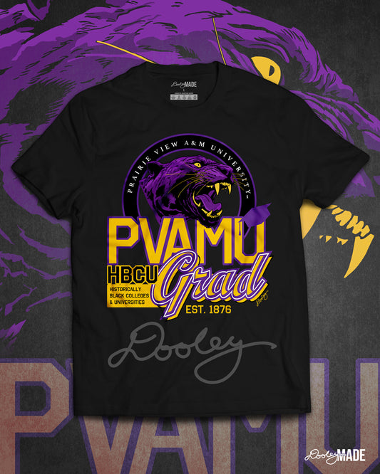 A black Prairie View A&M graduation shirt featuring a roaring panther surrounded by a circular frame with the university name inside of it, and the words "PVAMU Grad" next to HBCU. 