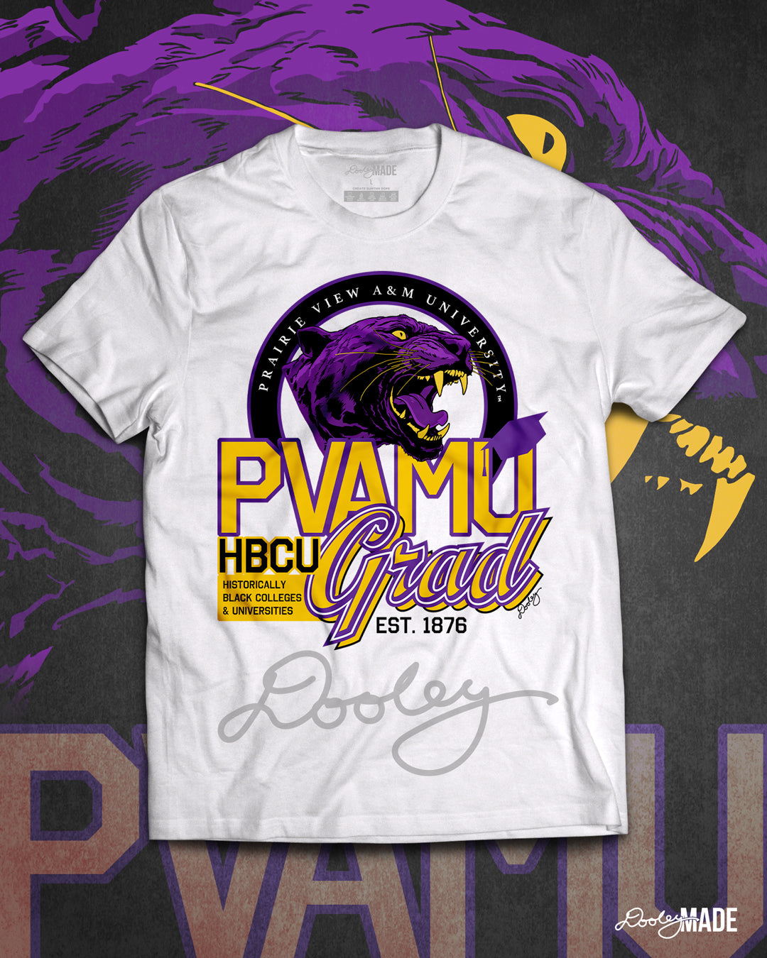 A white Prairie View A&M graduation shirt featuring a roaring panther surrounded by a circular frame with the university name inside of it, and the words "PVAMU Grad" next to HBCU. 