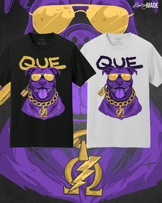 A photo showing 2 separate black and white tee shirts with a graphic of an Omega Psi Phi Fraternity, Inc themed Pit Bull Dog wearing gold aviator sunglasses and a gold Omega Psi Phi necklace.