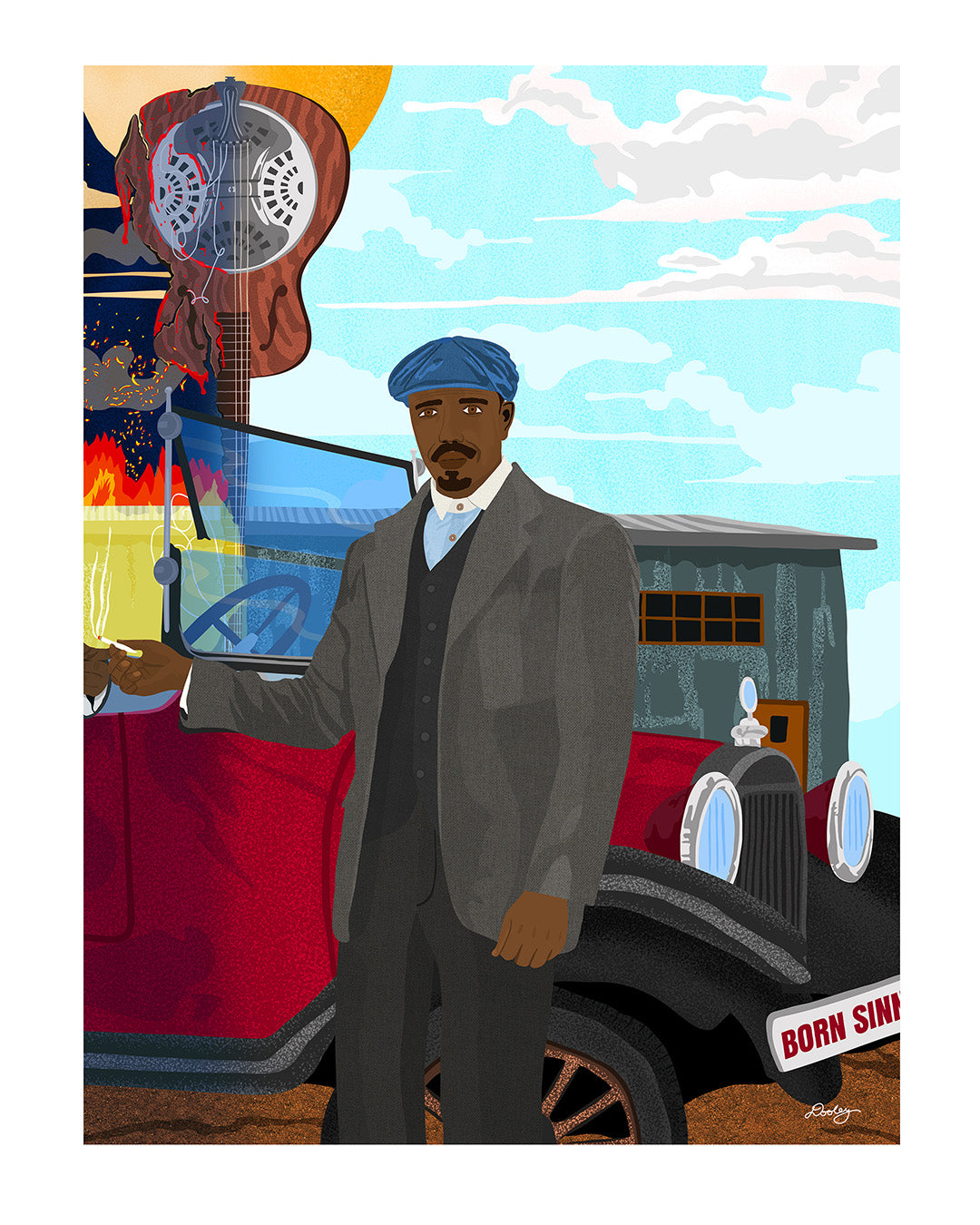 An illustrated artwork of Michael B. Jordan as the character Stack in the Sinners movie, showing him standing in front of a vintage red car passing Stack a cigarette. Sammy’s split guitar divides night and day.