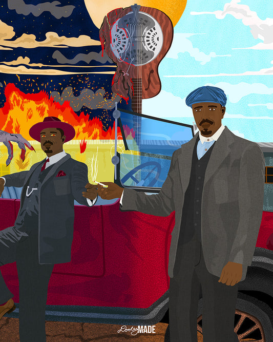An Illustrated artwork of Michael B. Jordan as The Smoke Stack Twins in the Sinners movie, showing them stand together in front of a vintage red car sharing a cigarette. Sammy’s split guitar divides night and day with one side of a building burning and the other side untouched in the background. A bloody, lifeless hand extends toward Stack as his eyes glow red. 4:5 aspect ratio