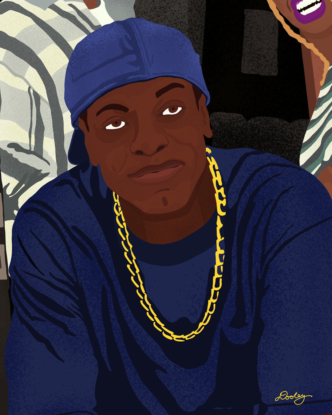 A zoomed image of illustrated artwork titled “Tell Me Who She Was” themed after the movie Friday. Image shows Chris Tucker’s character, Smokie, is sitting with a smirk on his face.
