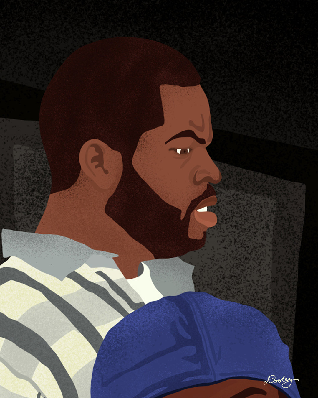 An zoomed image of illustrated artwork titled “Tell Me Who She Was” themed after the movie Friday. Image shows the scene where Ice Cube’s character Craig scowling.