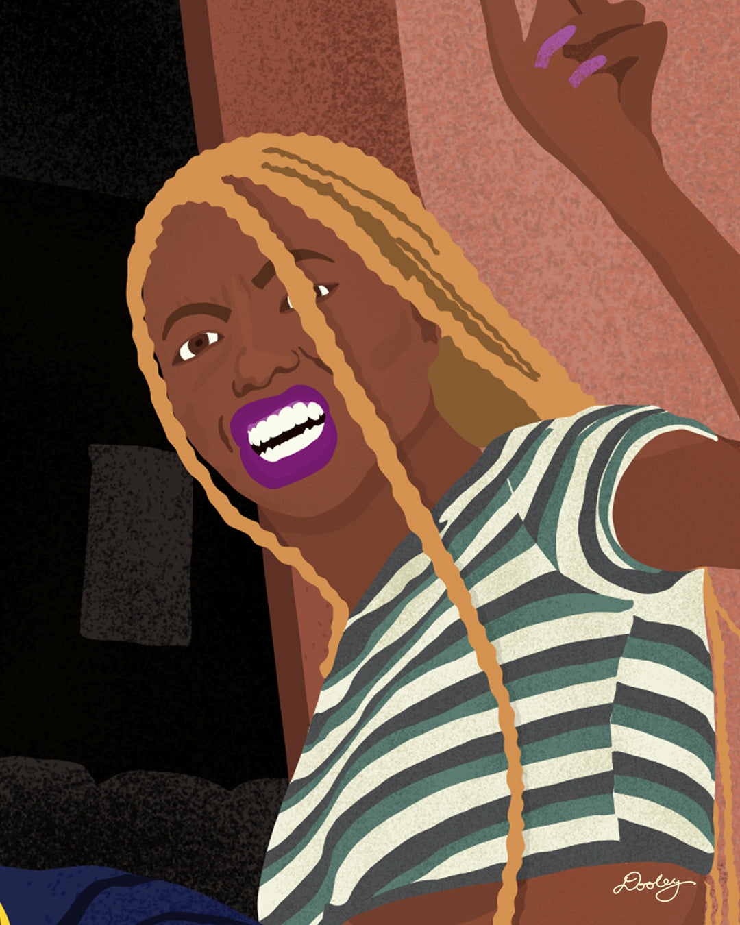 A zoomed image of illustrated artwork titled “Tell Me Who She Was” themed after the movie Friday. Image shows Joi Parker's character, Craig's Girlfriend, standing in the front doorway holding up a finger with a long nail.