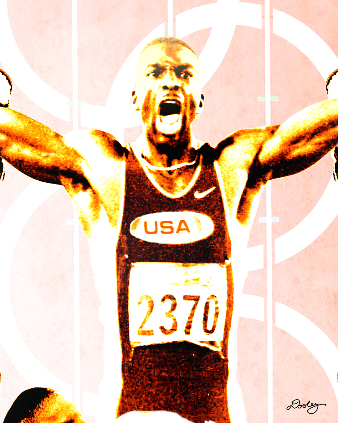 Zoomed photo of artwork titled “The Fastest Man” of Micheal Johnson with his arms outstretched celebrating a victory after his record-breaking Track and Field performance at the 1996 Olympic Games.