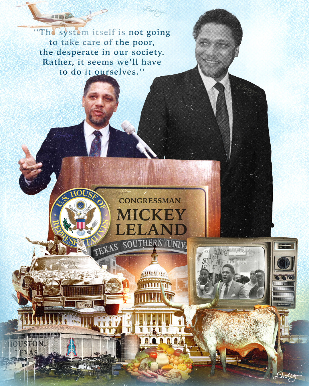 Collage featuring Congressman Mickey Leland speaking at a podium, with quotes and images of the U.S. Capitol, Texas Southern University, The Houston Astrodome, a vintage TV, a longhorn, him riding a car in a parade, and fruits and vegetables, symbolizing his legacy and impact.