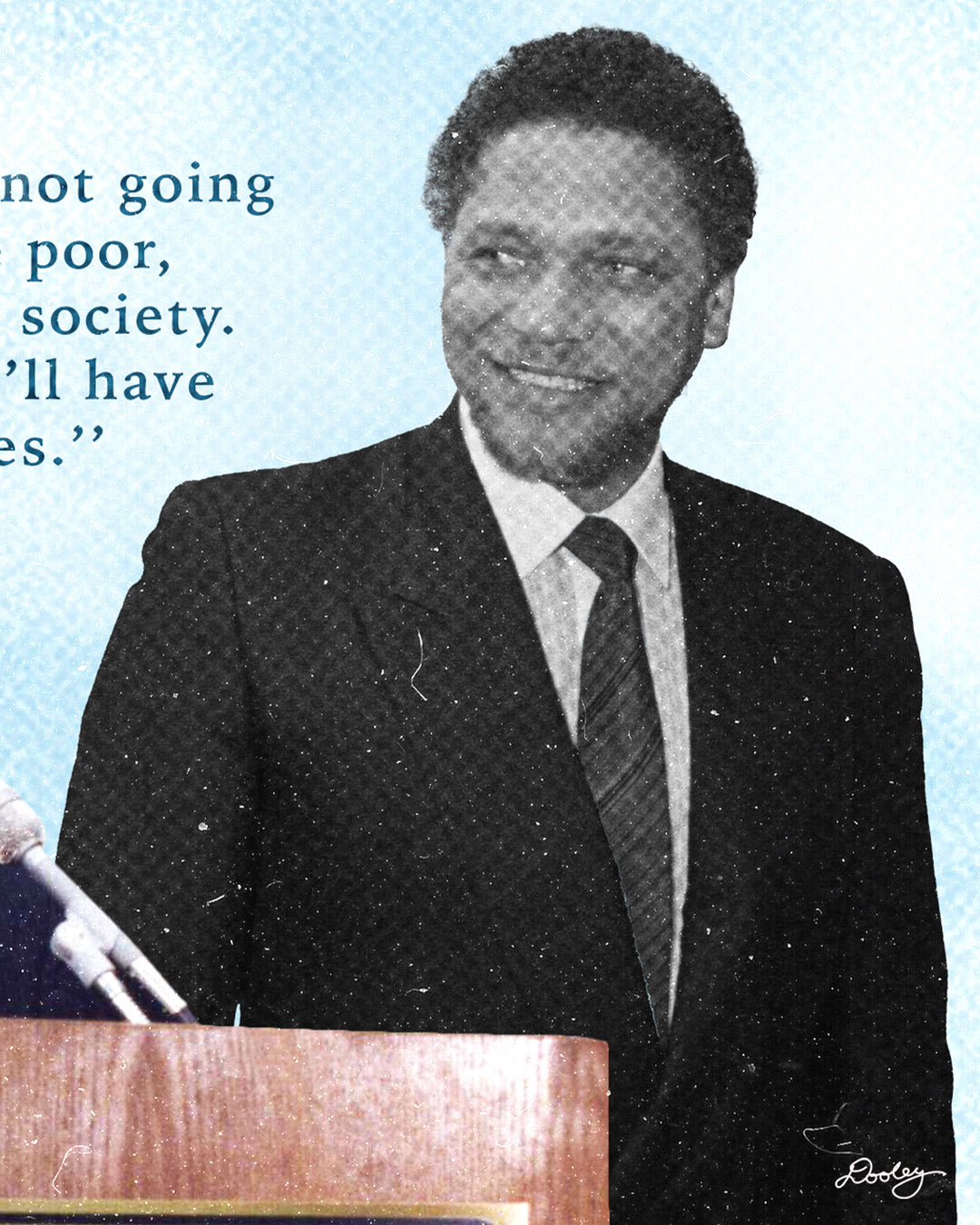 An image showing a portion of a graphic of Mickey Leland smiling. There is a blue cloudy background with a grainy texture.