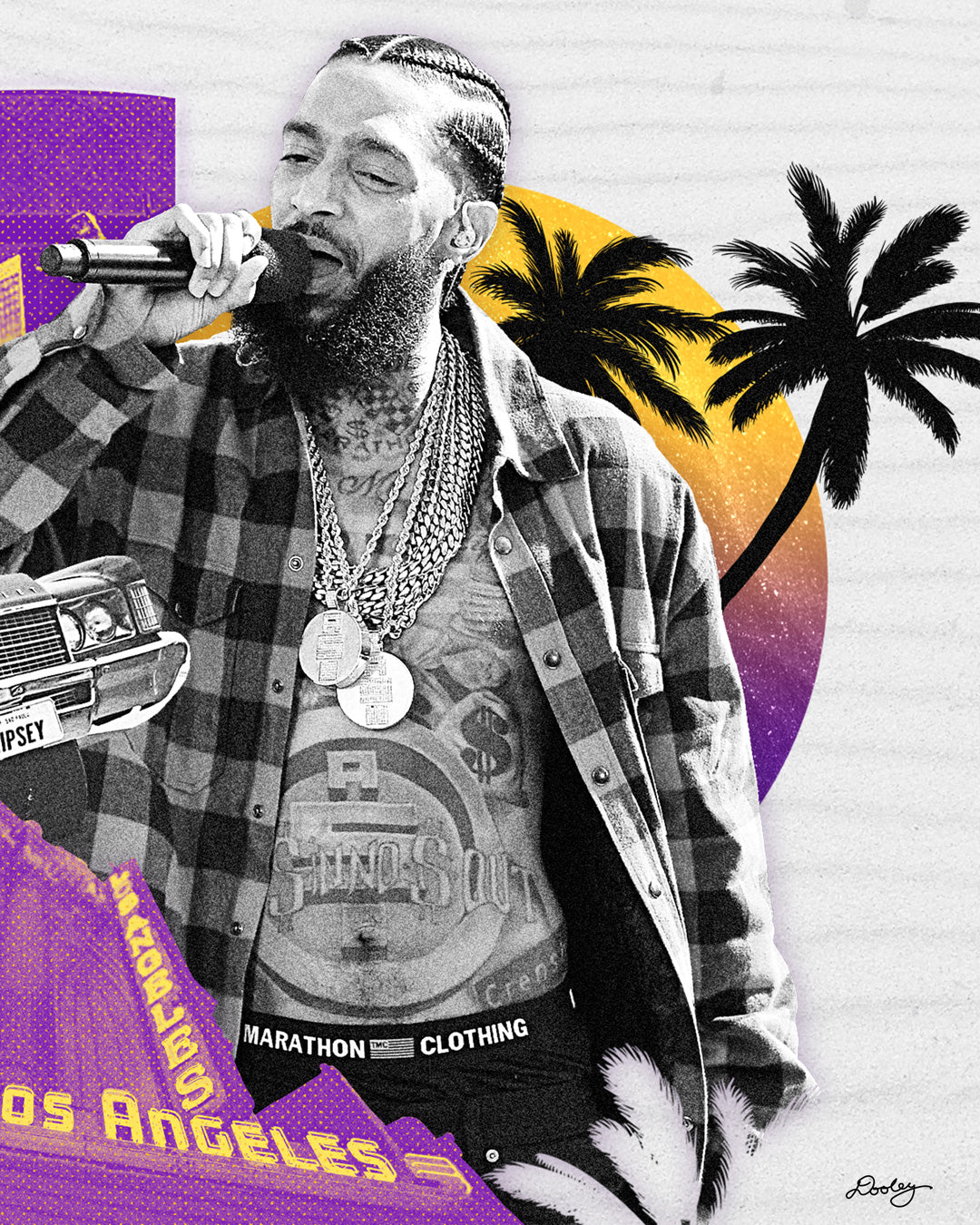 This image shows zoomed in detail of printed Nipsey Hussle artwork titled "Sunsets on Slauson" features Los Angeles purple and gold, The Marathon store on Slauson, a Chevy with "Nipsey" plates, The Los Angeles Theatre, a sunset, and palm trees. Add a touch of LA to your space with this dope Nipsey Hussle print!