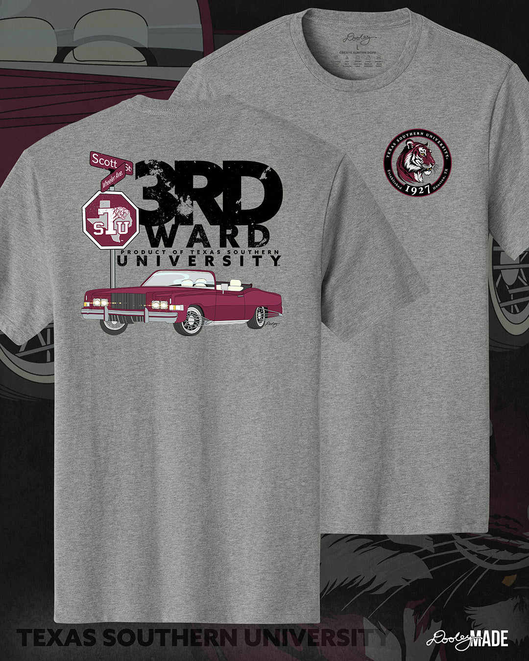 An image of the front and back of a heather gray Texas Southern University graphic tee shirt featuring a 3rd Ward University design and a maroon old school car with elbow rims. There is also a Scott St and Wheeler Ave street sign with a stop sign with the Texas Southern University logo on it. The front shows a circular print with the words Texas Southern University Established 1927 Houston, Tx around the border with a stylized tiger inside of it.
