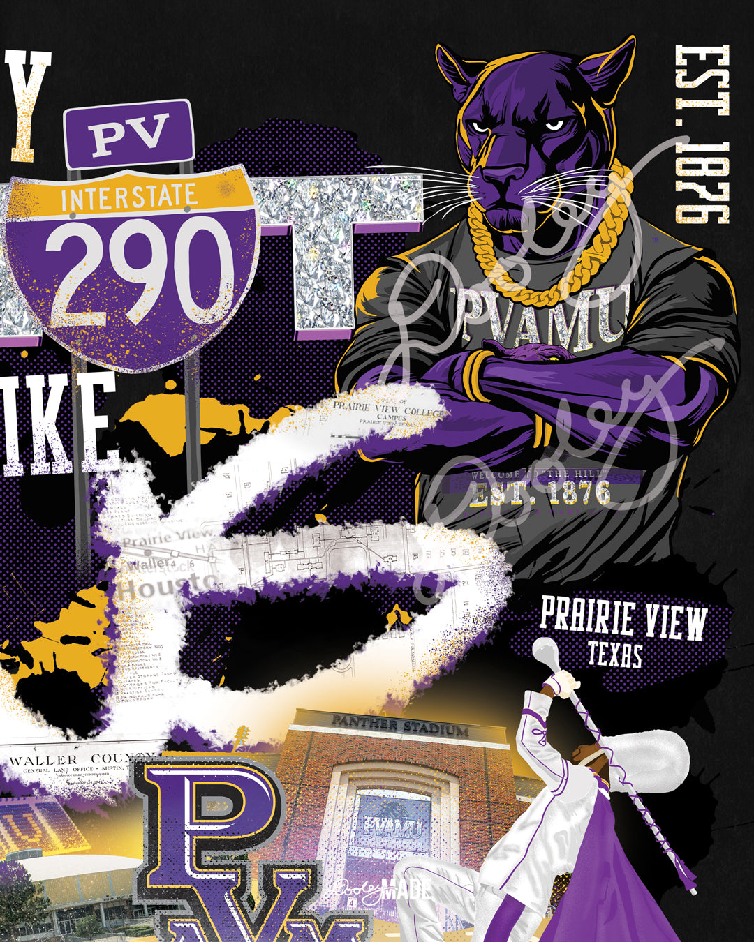 A "They Not Like Us" themed Prairie View A&M black crewneck sweater featuring a vibrant collage with a hand drawn elements: a panther panther wearing a gold chain, an interstate 290 sign, the PV water tower, mascots, a marching storm drum major, the panther statue and the "Welcome to the Hill" sign.