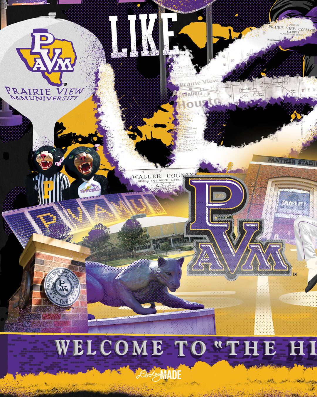 A "They Not Like Us" themed Prairie View A&M black crewneck sweater featuring a vibrant collage with a hand drawn elements: a panther panther wearing a gold chain, an interstate 290 sign, the PV water tower, mascots, a marching storm drum major, the panther statue and the "Welcome to the Hill" sign.