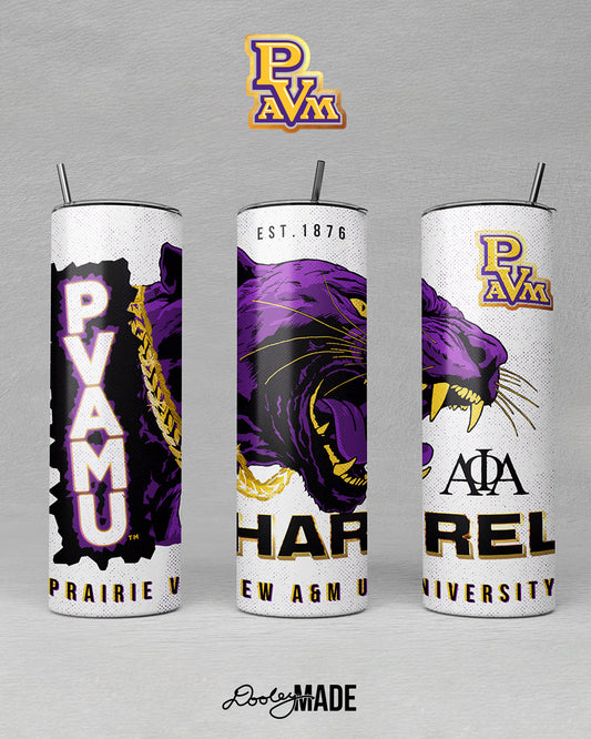 An image of 3 20oz tumblers showing artwork of a roaring PVAMU Panther wearing a thick gold cuban-link chain and the words Prairie View A&M University under. There's a space for customization below the panthers head.