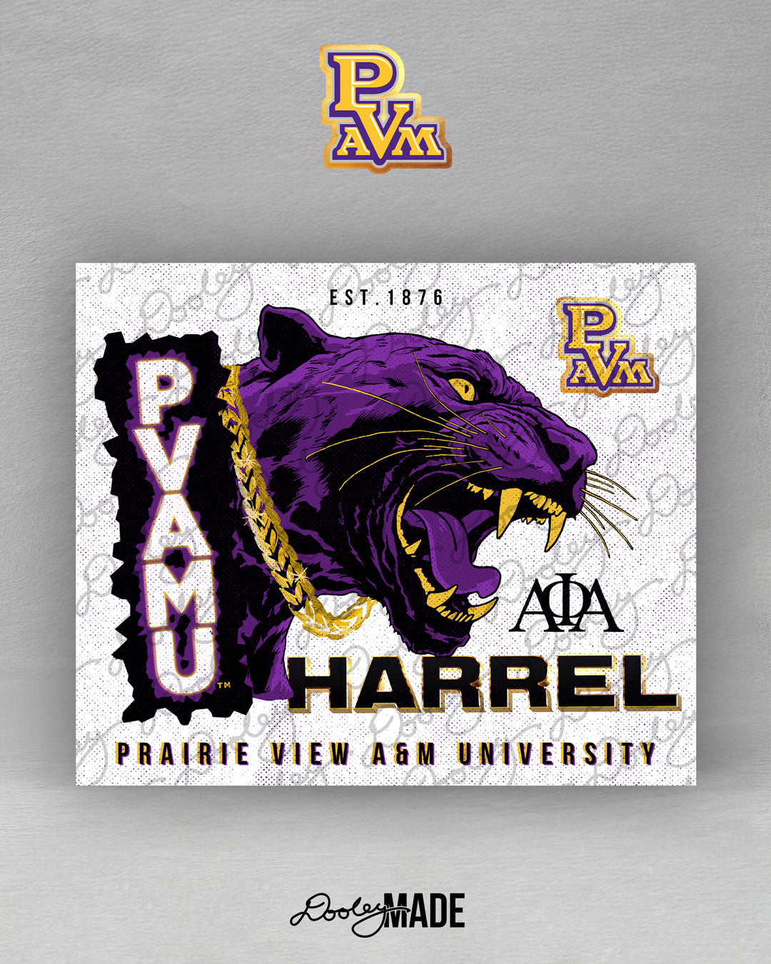 An image showing artwork of a roaring PVAMU Panther wearing a thick gold cuban-link chain and the words Prairie View A&M University under. There's a space for customization below the panthers head.