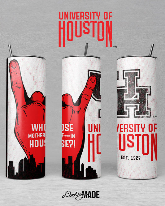 A photo mockup of a white, red, and black University of Houston Tumbler. Tumbler has a Red Htown Handsign with grunge textured UH logo and the words University of Houston next to it.