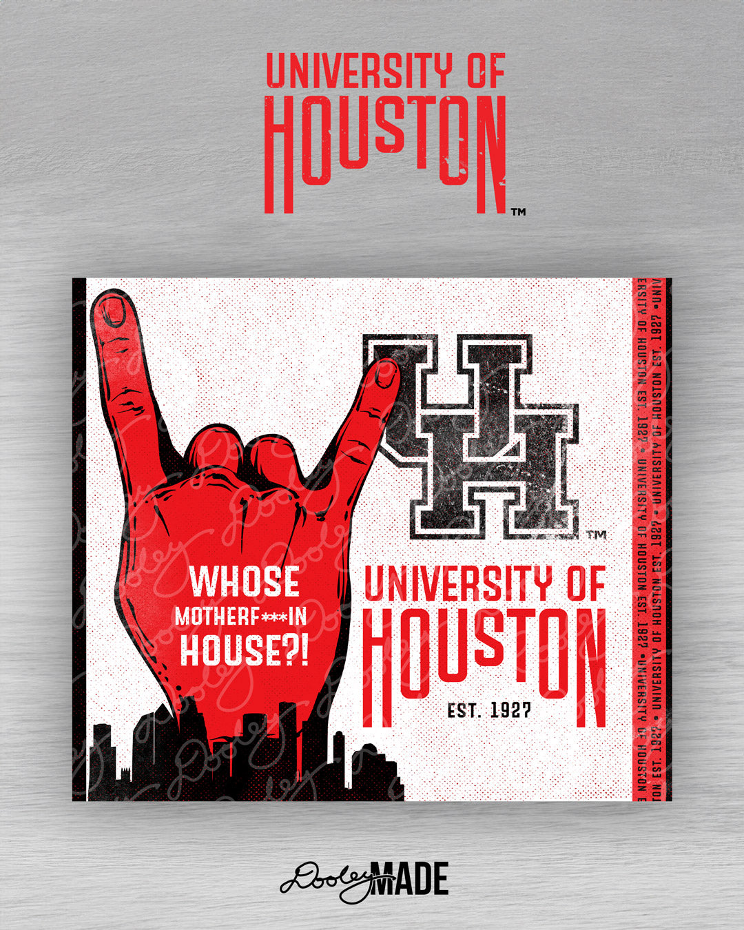 A photo of a white, red, and black University of Houston Tumbler design. Design has a Red Htown Handsign with grunge textured UH logo and the words University of Houston next to it.