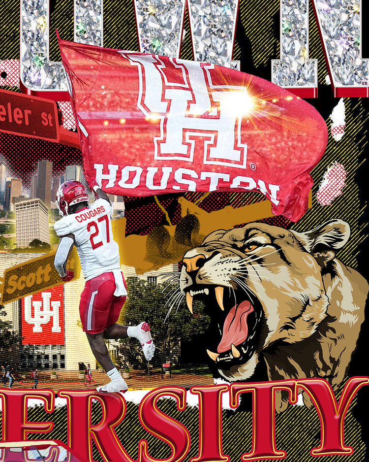 A vibrant HTOWN University graphic collage with "H-TOWN" text in diamonds, Cougar mascot, players, city skyline, and classic lowrider in a vibrant collage design.